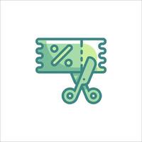 A green and white icon of scissors cutting a piece of paper vector