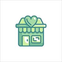 A green and white icon of a store with a heart vector