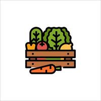 A wooden box with vegetables and fruit on it vector