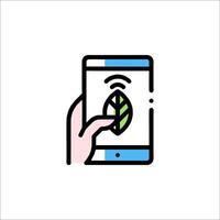 A hand holding a smartphone with a leaf on it vector