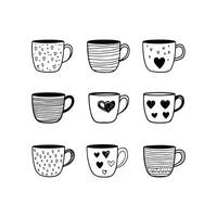 Set of children drawing a cups. The template for the painting. Hand drawn dishes in a funny kids style vector