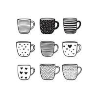 Set of children drawing a cups. The template for the painting. Hand drawn dishes in a funny kids style vector