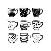 Set of children drawing a cups. The template for the painting. Hand drawn dishes in a funny kids style vector