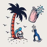 A set of different items including a skull, a palm tree and a can of beer vector