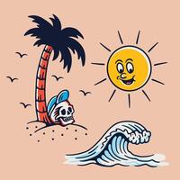 A cartoon sun and palm tree with a skull vector