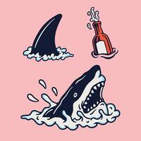 Shark and bottle of beer on pink background vector