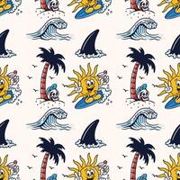 A cartoon pattern with a sun, surfboard and palm trees vector