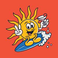 A cartoon sun on a surfboard with a drink in his hand vector
