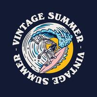 Vintage summer logo with a skeleton surfing on a wave vector