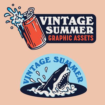 Vintage Summer Theme Badge Beer and Shark Head Designs