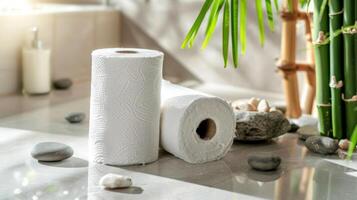 Paper towels on a reflective bathroom surface with bamboo and pebbles in a zen-inspired setting. Concept of bathroom decor, spa relaxation, natural elements, and hygiene photo
