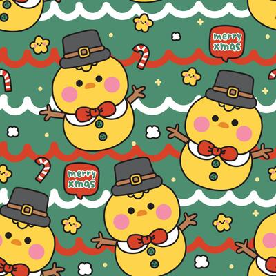 Seamless pattern of cute chicken wear hat and bow in snowman with merry xmas text background.Candy.Star.Farm bird animal character cartoon.Kawaii.Illustration.