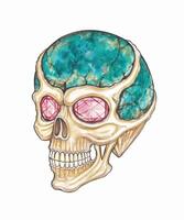 Gemstone skull of vision.Skull embellished with intricate and surreal details. The skull is topped with a textured, turquoise-like crown resembling a gemstone. vector
