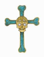 Jewelry design skull cross with ornate elements turquoise stone. This artwork features a striking combination of a turquoise cross and a golden skull at its center. vector