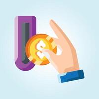 Depositing Coin into a Slot Illustration of a Hand Inserting a Gold Coin Marked with a Dollar Sign into a Purple Slot Machine vector