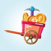 Mining Fortune A Colorful Illustration of a Mine Cart Filled with Gold Coins and a Pickaxe vector