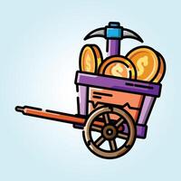 Cartoon Gold Mine Cart, A whimsical illustration of a mine cart overflowing with gold coins, a pickaxe, and a vibrant color palette. vector