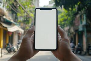 Hands holding blank smartphone screen photo