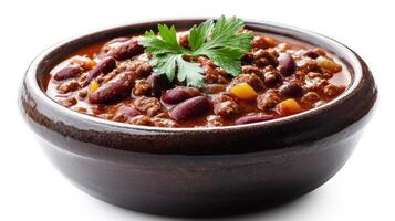 Close up of bowl of chili con carne with beans photo
