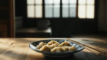 Traditional Chinese dumplings on blue plate photo