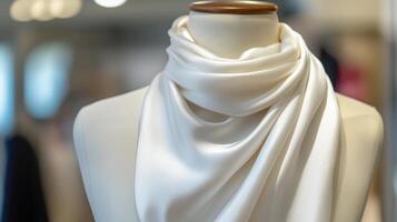 Elegant white silk scarf draped on mannequin, showcasing smooth texture and luxurious fabric. Fashion mockup with copy space photo
