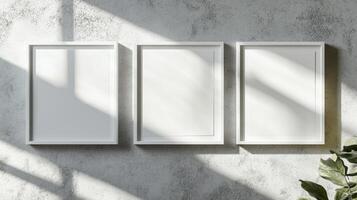 Empty white frames on textured concrete wall photo