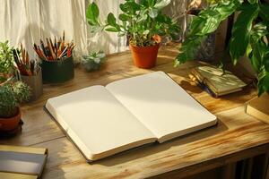 Open notebook on wooden desk photo
