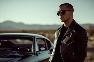 Stylish man in a black leather jacket photo