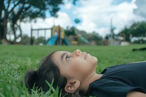 Child lying on the grass, gazing at the sky photo