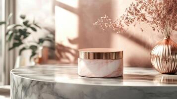 Luxury cream jar with marble and rose gold design photo