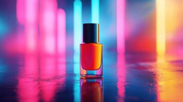 Vibrant nail polish bottle with neon reflections photo