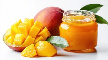 Glass jar of fresh mango jam, ripe mango fruit photo
