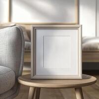 Wooden picture frame on a small round table photo
