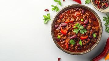 Bowl of chili con carne with kidney beans, ground meat, vegetables, and fresh herbs isolated on white background. Comfort food banner with copy space photo