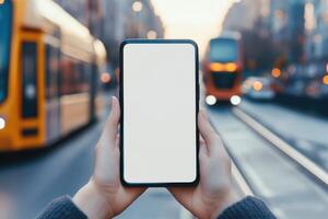 Hands holding a smartphone with blank white screen in an urban environment with blurred city background. Perfect for modern technology mockup photo