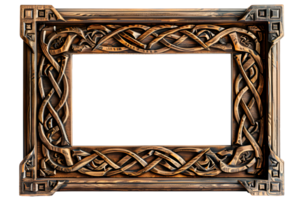 Antique wooden rectangular picture frame isolated on transparent background. Decorative intricate detailed frame design, knot carvings style. , cutout. png