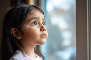 Thoughtful Latin girl looking out window photo