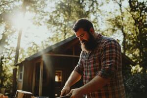 Bearded man in plaid shirt chopping wood outdoors with sunlight filtering through trees and wooden cabin in background. photo