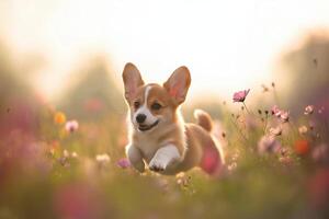 Adorable corgi puppy joyfully running photo