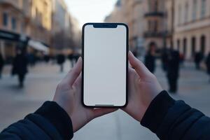 Hands holding modern smartphone with blank screen photo