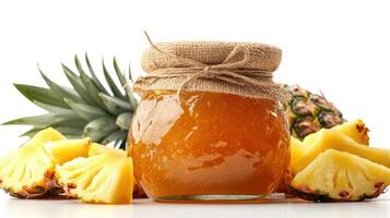 Jar of fresh pineapple jam surrounded by fruits photo