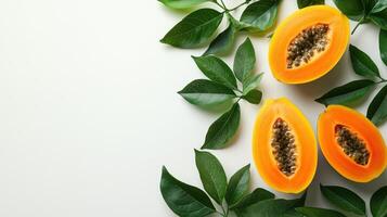 Fresh ripe papaya halves with green leaves photo