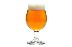Bright golden beer served in a tulip glass with frothy top in a minimalist setting png