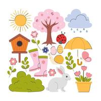 A cheerful flat design illustration of spring season elements featuring flowers, a bunny, a birdhouse, rain clouds, boots, and more. Perfect for seasonal projects, decorations, or design assets. vector