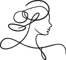 Continuous one simple single abstract line drawing of beautiful woman face icon in silhouette on a white background. Linear stylized. vector