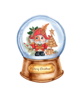 Crystal ball with glass sphere mounted on a brown wooden base with a gold plaque inside watercolor illustration. Nutcracker in fir branches steampunk isolated from background. png