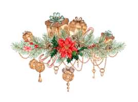 Poinsettia with fir branches, pine cones, red berries, holly, caramel, gifts, balls, chains watercolor illustration. Forest plants for winter Christmas and New Year decoration isolated from background png