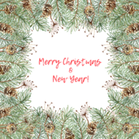 Fir branches, pine cones and grass Christmas and New Year banner watercolor illustration. Square frame, border with winter plants isolated from background. Pine, fir, juniper, evergreen. png