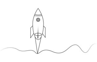 One continuous line drawing of simple retro spacecraft flying up to the outer space nebula vector