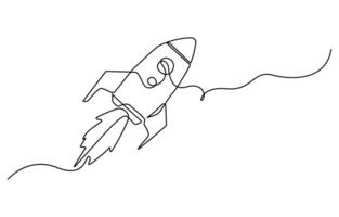 One continuous line drawing of simple retro spacecraft flying vector